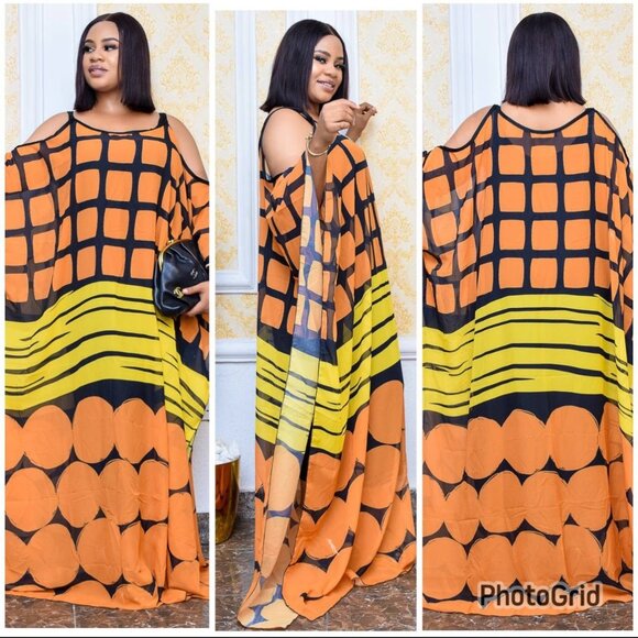 Kaftan Dress, Cold-Shoulder Maxi Boubou , Flowing African-Inspired Caftan - Picture 1 of 4